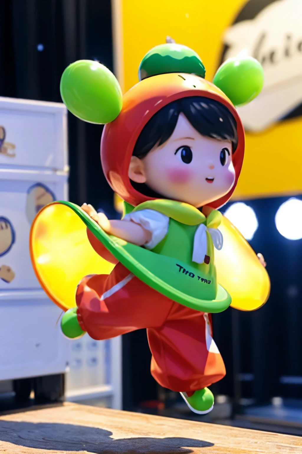 Blind Box、The  is performing on stage、Wearing cute fruit costumes、action、Jump、Take a photo from the side
