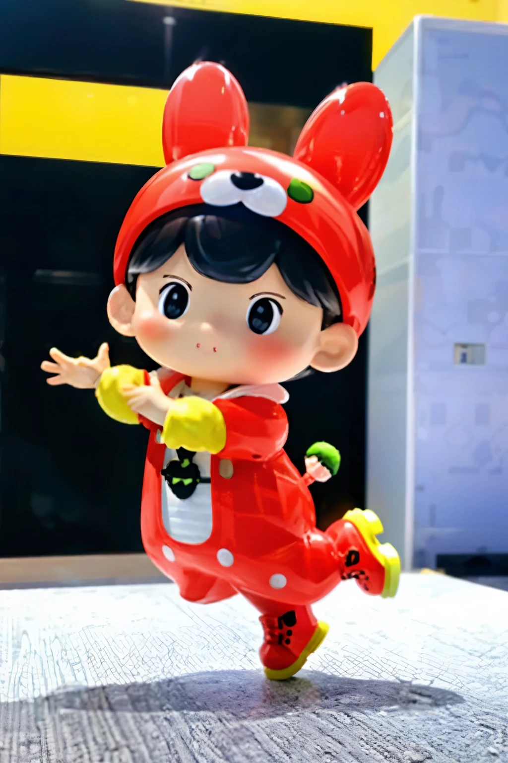 Blind Box、The is performing on stage、Wearing cute fruit costumes、action、Jump、Take a photo from the side