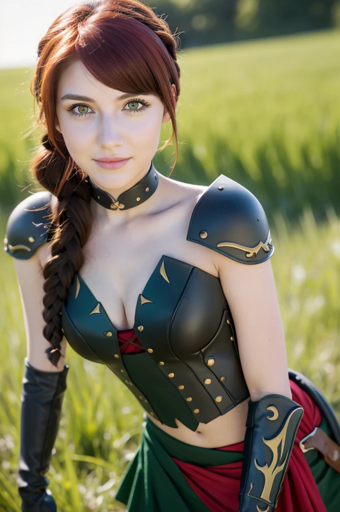 stunning girlfriend, heart shaped face, elegant face, beautiful face, highly detailed face, highly detailed skin, skin pores, subsurface scattering, realistic pupils, full lips, detailed background, depth of field, atmospheric perspective, volumetric lighting, sharp focus, absurdres, realistic proportions, good anatomy, (realistic, hyperrealistic:1.4), 16k hdr, ((best quality)), ((highly detailed)), absurdres, (detailed eyes, deep eyes), (1girl), full body, pyrrha nikos, rwby, red hair, ponytail, green eyes, medium breasts, smile, circlet, bustier, bare shoulders, skirt, elbow gloves, bracers, armored boots, night, stars, moonlight, standing, in field, crowd