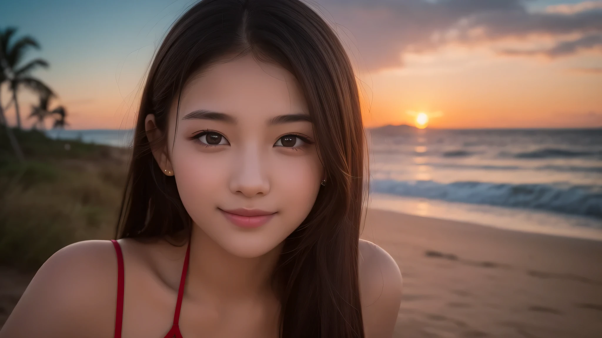 (2ung girl), enchanting smile, (extremely detailed beautiful face), (highly detailed eyes, highly detailed face), (bikini), Fresh, very clean appearance, (best Quality:1.4), (hyper-realistic, hight resolution), Professional Photography, beach, palm trees, standing, Outdoors, (beach), beautiful sunset sky, backlit, silhouette, (Evening sky dyed red:1.4), Close up portrait of girl, staring at me,