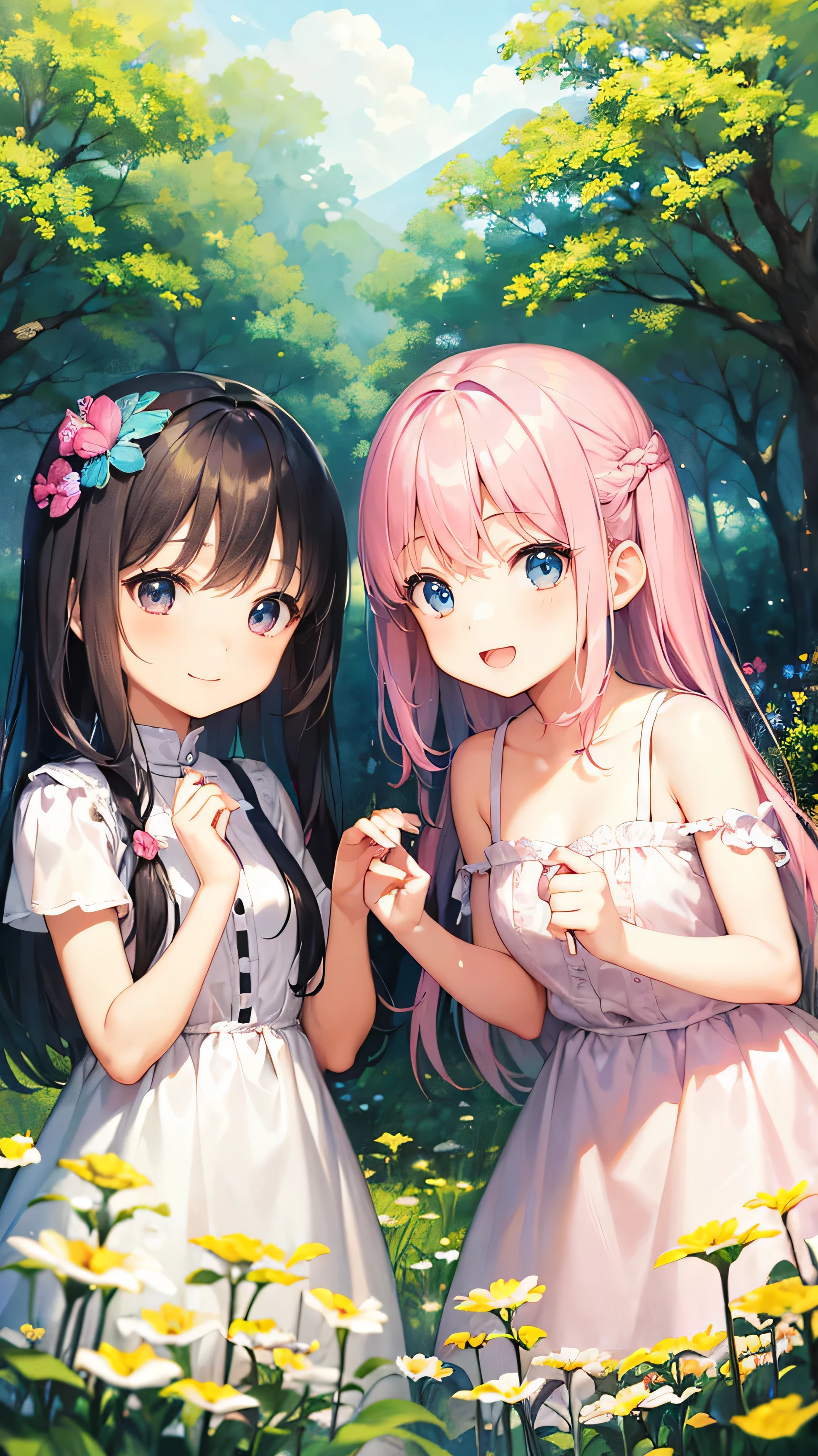 Two pure and innocent girls,10 years old、2 people(Pink-haired person、1 Name Light Blue Hair)、Cute face、Beautiful Eyes、Natural Beauty、Warm sunshine、Wildflowers swaying in the wind々Surrounded by、Enjoying time in the fields。Butterflies and birds fly around her、Creates a playful atmosphere、fun、smile、