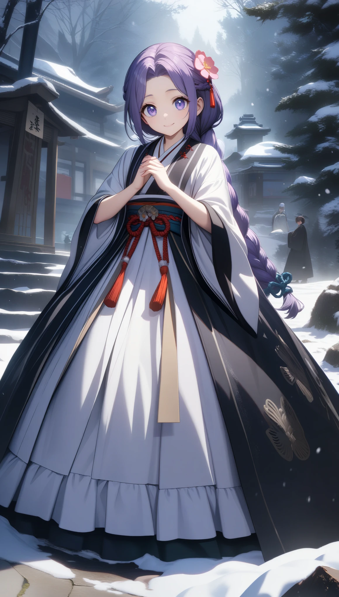 32k, best quality, ultra high res, HDR, UHD, extremely detailed CG, unity 32k wallpaper, Bright Purple Taoist Robe, hanfu long skirt, Big eyes, A masterpiece, an absolute beauty, 1 female, close. close, Healing Smile, Snow Scene, 4K quality, Twisted braid, princess hair style princess cut, simple hair accessories, Plum blossom, people々Once you see it, you can't forget its beauty.,
