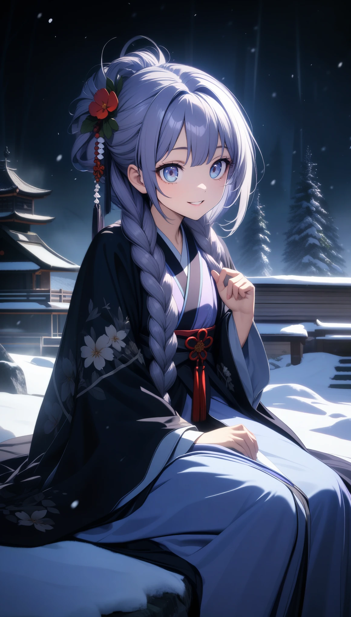 32k, best quality, ultra high res, HDR, UHD, extremely detailed CG, unity 32k wallpaper, Bright Purple Taoist Robe, hanfu long skirt, Big eyes, A masterpiece, an absolute beauty, 1 female, close. close, Healing Smile, Snow Scene, 4K quality, Twisted braid, princess hair style princess cut, simple hair accessories, Plum blossom, people々Once you see it, you can't forget its beauty.,