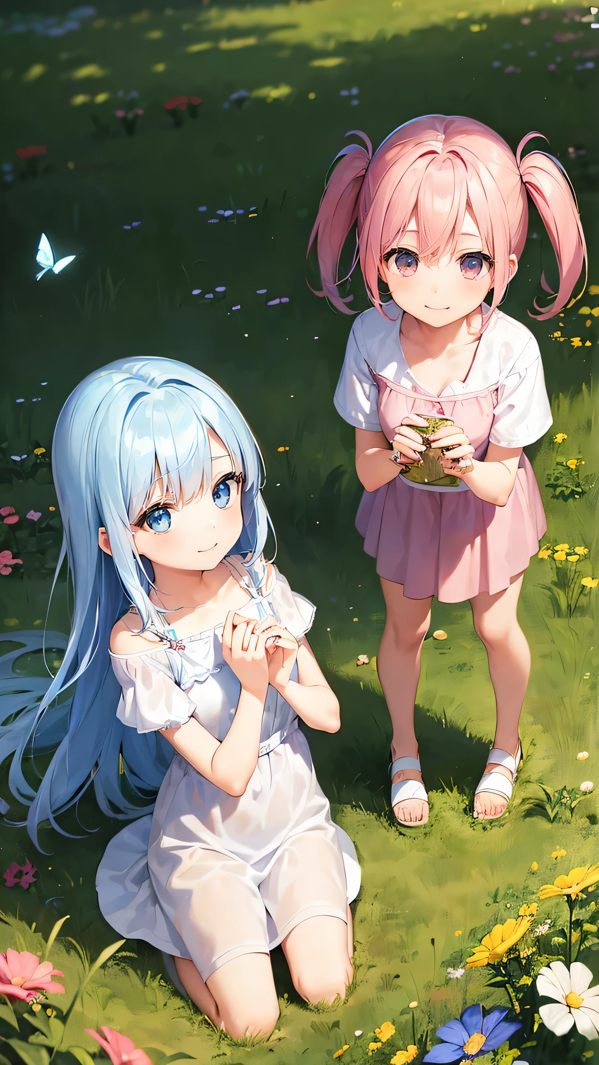 Two pure and innocent girls,10 years old、2 people(Pink-haired person、1 Name Light Blue Hair)、Cute face、Beautiful Eyes、Natural Beauty、Warm sunshine、Wildflowers swaying in the wind々Surrounded by、Enjoying time in the fields。Butterflies and birds fly around her、Creates a playful atmosphere、fun、smile、
