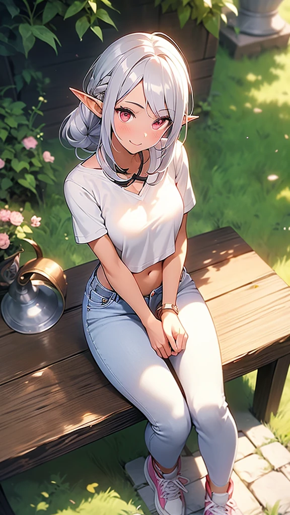 An elf woman, dark tanned skin, beautiful silver hair, white short-sleeved shirt, nipple protrusions, navel visible, jeans, sneakers, pointed ears, beautiful red eyes, pink lips, looking at the viewer. Staring, embarrassed face, smiling, opening mouth, looking up at the viewer, park, sitting on the lawn, wrist watch,