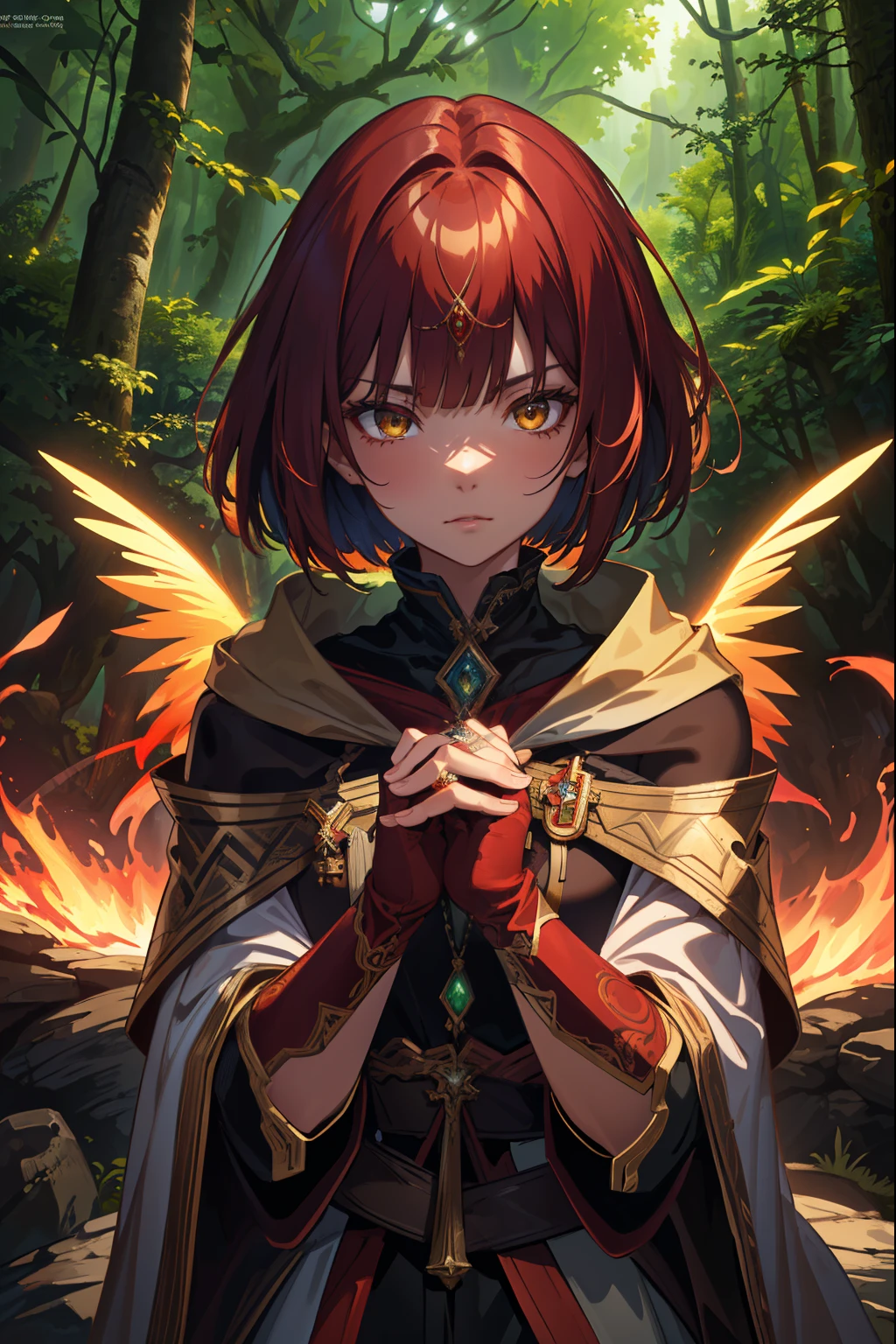  (extremely detailed CG unity 4k wallpaper),(masterpiece),(best quality),(ultra-detailed),(best illustration),(best shadow),(absurdres),(detailed background), Dark Fantasy forest setting, Shoulder length Dark Red hair (Bob cut), Amber eyes, priestess cloak, neutral expression, close up, Circlet, hands clasped,