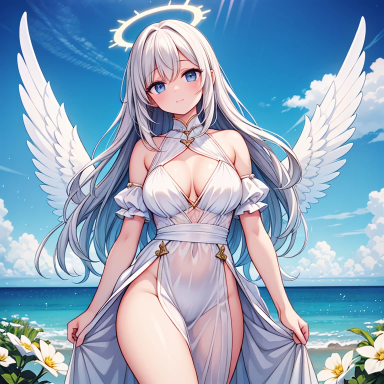 (best quality,4k,8k,highres,masterpiece:1.2),ultra-detailed,(realistic,photorealistic,photo-realistic:1.37),medium:oil painting,heavenly,ethereal,holy,long flowing hair,shimmering wings,bright halo,white robes,serene expressions,tender embrace,soft glowing light,gentle breeze,pastel colors,lush garden,flowers blooming,pure love and compassion,peaceful atmosphere