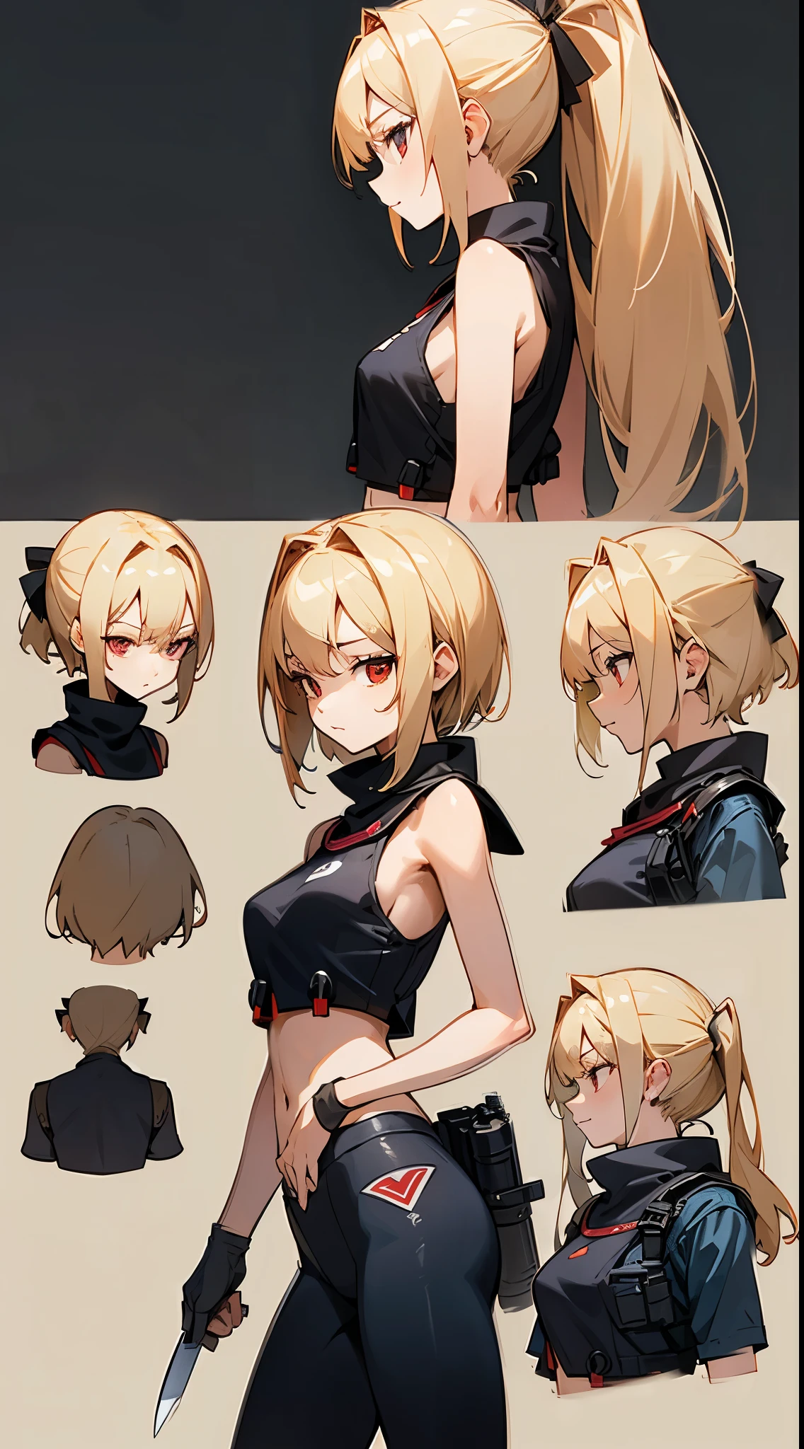 (masterpiece, 8K, highest quality, Very detailed, 1 mature woman), (Consistent personality, Same character), (Blonde Hair, Yellow Eyes), (Very detailed顔と肌の質感, Fine grain), Wicked Smile, Large Breasts, alone, (private teacher), White Background, Bare shoulders, Captivating smile, (Multiple Views, multiple angles), Side view, Front view, look up, Looking down, Rear view, 20-degree head view