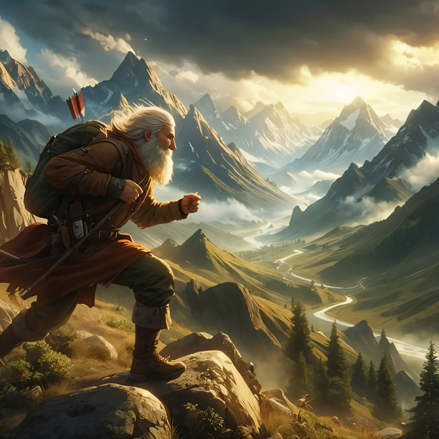 Old adventurer running the mountain trail, fantasy, digital art