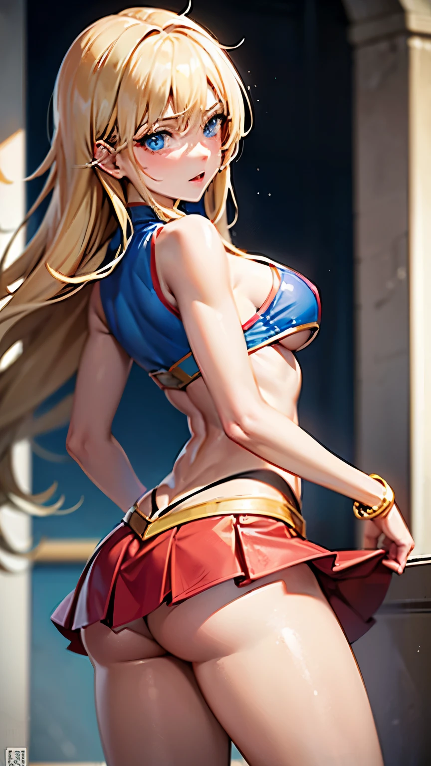 ((Best quality, Masterpiece, Nonsense)),1girll:1.9, Sexy, ( 18 years old, Expressive blue eyes, shoulder-length blonde hair, Long hair,Loose and fluffy hair),Dressed Supergirl cosplay (Super Girl Suite custom role-playing), Shortest red skirt,eechi, Terrace in 1 building, supergirl, cleavage, tiny thong, big tits,  big butt, tiny top suit, sexy hero pose, hard niples, sweaty skin, side boob, super girl logo in the chest