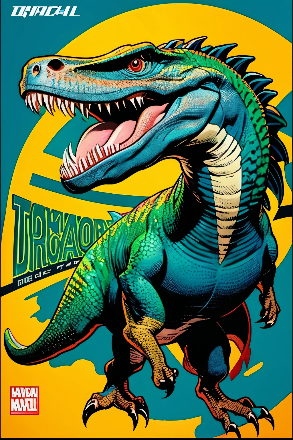 American comic book style Dinosaur like Tyrannosaurus dancing XTER in prominent color on underside of picture