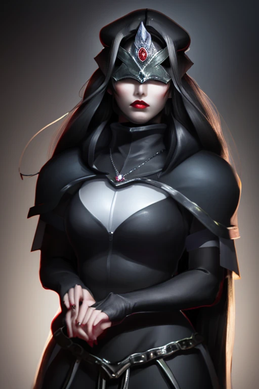 Tall woman, Black hair, Fantasy, RPG, Elf, black torn dress, broken chains on wrist, Crown of thorns, Thorns on eyes, Long hair, crown on eyes, blindfolded, thorns blindfold, red lips