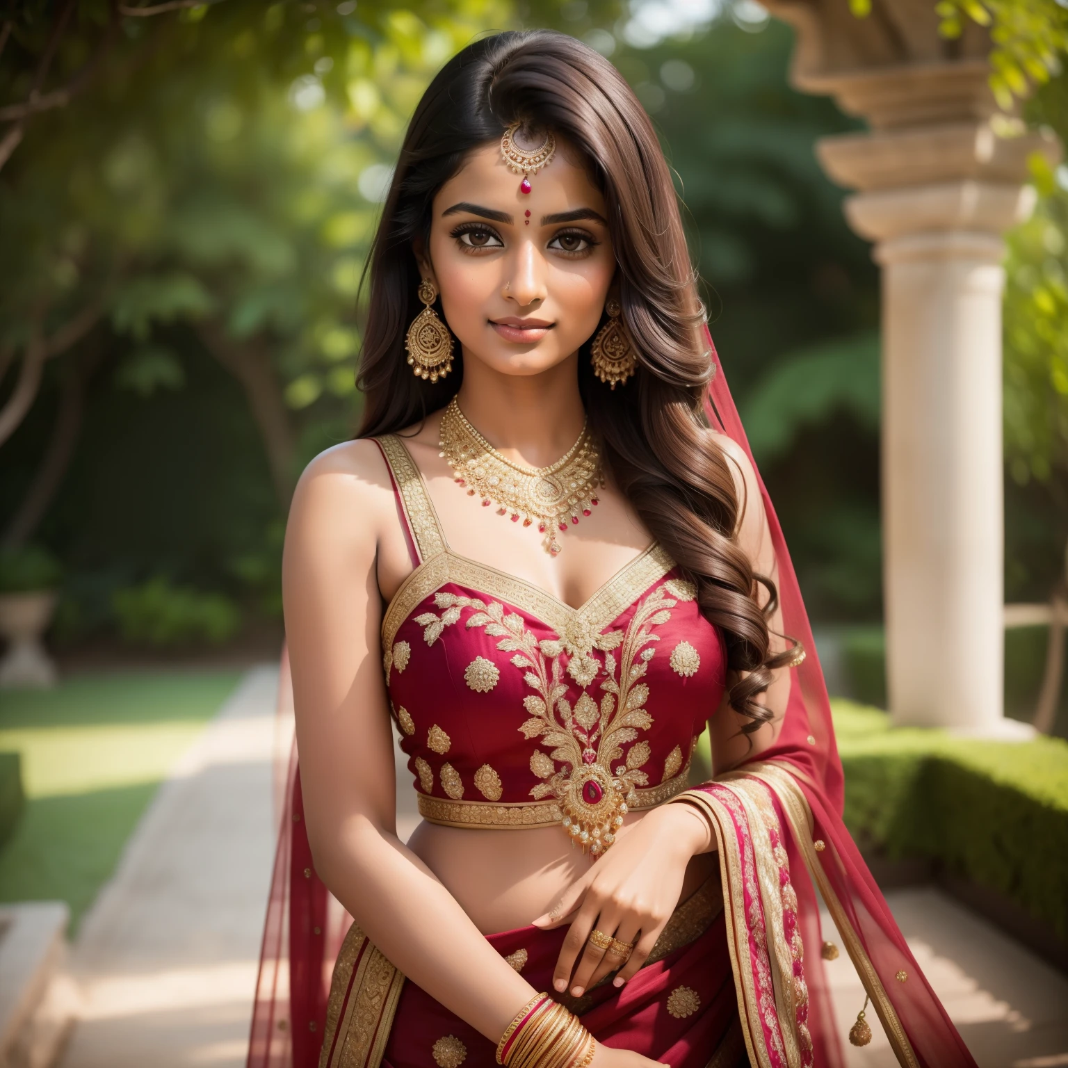 (Realistic:1.5), beautiful Indian women, vibrant colors, intricate traditional attire, henna adornments, long wavy dark hair, striking almond-shaped eyes, glowing olive skin, delicate features, radiant smiles, RAW photographs, top-quality, masterpiece:1.3, serene garden setting, professional lighting, full-body shots, angle from the front, soft natural light, traditional Indian jewelry, captivating expressions, making eye contact with the camera.
