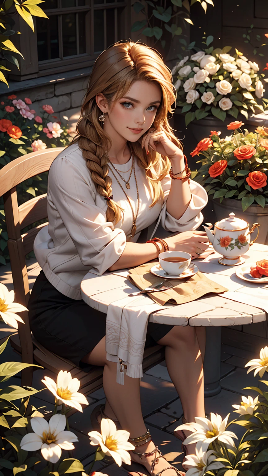 ((最high quality, 8K, masterpiece: 1.3, Ultra HD, high quality, 最high quality, High resolution, realism)) 、A 22-year-old extremely beautiful white woman、Slender but well-proportioned body、Hair color blonde、blue eyeedium Hair、Straight Hair、smile、Background blur((depth of field))、Aerial perspective((atmospheric perspective))、I want my head to stay off screen、Put an anklet on your ankle、Wearing red nail polish、I have a peticure、Slender but toned body、Inner Color((colored inner hair))、Braided long hair((low-braided long hair))、English style garden、gardening、Flower bed flowers in full bloom、the garden is grass、There are tables and chairs、tea time