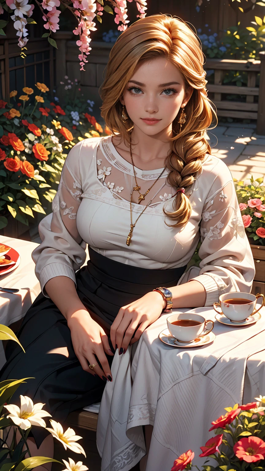 ((最high quality, 8K, masterpiece: 1.3, Ultra HD, high quality, 最high quality, High resolution, realism)) 、A 22-year-old extremely beautiful white woman、Slender but well-proportioned body、Hair color blonde、blue eyeedium Hair、Straight Hair、smile、Background blur((depth of field))、Aerial perspective((atmospheric perspective))、I want my head to stay off screen、Put an anklet on your ankle、Wearing red nail polish、I have a peticure、Slender but toned body、Inner Color((colored inner hair))、Braided long hair((low-braided long hair))、English style garden、gardening、Flower bed flowers in full bloom、the garden is grass、There are tables and chairs、tea time