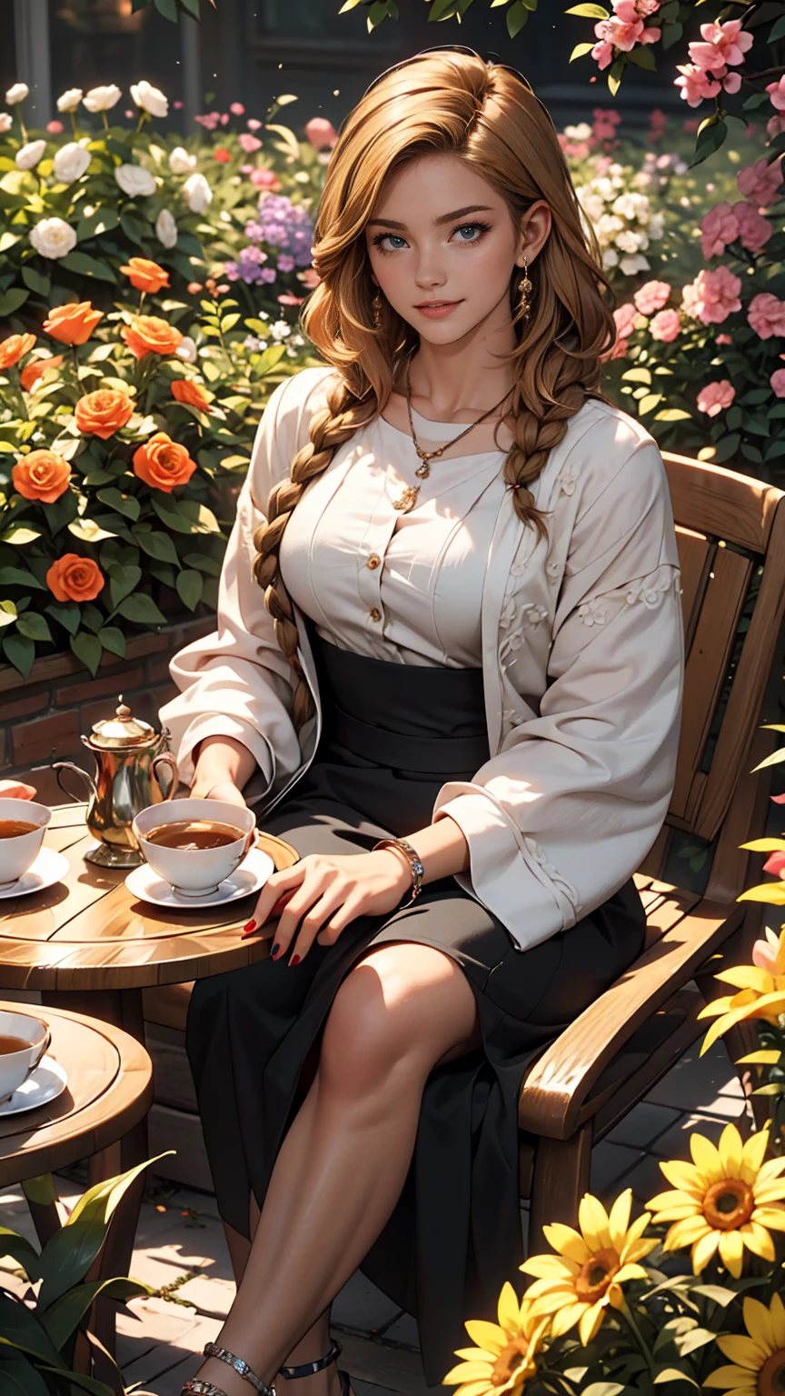 ((最high quality, 8K, masterpiece: 1.3, Ultra HD, high quality, 最high quality, High resolution, realism)) 、A 22-year-old extremely beautiful white woman、Slender but well-proportioned body、Hair color blonde、blue eyeedium Hair、Straight Hair、smile、Background blur((depth of field))、Aerial perspective((atmospheric perspective))、I want my head to stay off screen、Put an anklet on your ankle、Wearing red nail polish、I have a peticure、Slender but toned body、Inner Color((colored inner hair))、Braided long hair((low-braided long hair))、English style garden、gardening、Flower bed flowers in full bloom、the garden is grass、There are tables and chairs、tea time