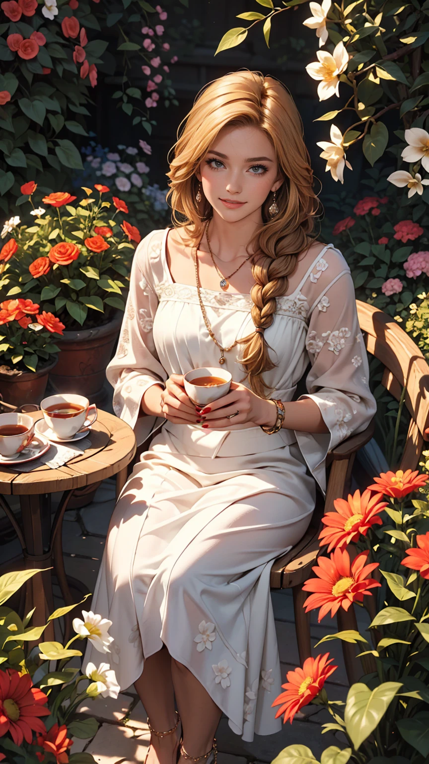 ((最high quality, 8K, masterpiece: 1.3, Ultra HD, high quality, 最high quality, High resolution, realism)) 、A 22-year-old extremely beautiful white woman、Slender but well-proportioned body、Hair color blonde、blue eyeedium Hair、Straight Hair、smile、Background blur((depth of field))、Aerial perspective((atmospheric perspective))、I want my head to stay off screen、Put an anklet on your ankle、Wearing red nail polish、I have a peticure、Slender but toned body、Inner Color((colored inner hair))、Braided long hair((low-braided long hair))、English style garden、gardening、Flower bed flowers in full bloom、the garden is grass、There are tables and chairs、tea time