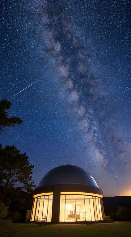 An observatory with a glass dome Big telescope Shooting from a camera angle looking up at the roof Beautiful Milky Way shooting star