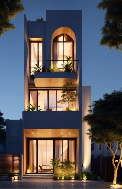 Exterior, morden town house, curve House, 1 road in front of the house, blue sky, dynamic light, best quality, wonder ful, masterpiece