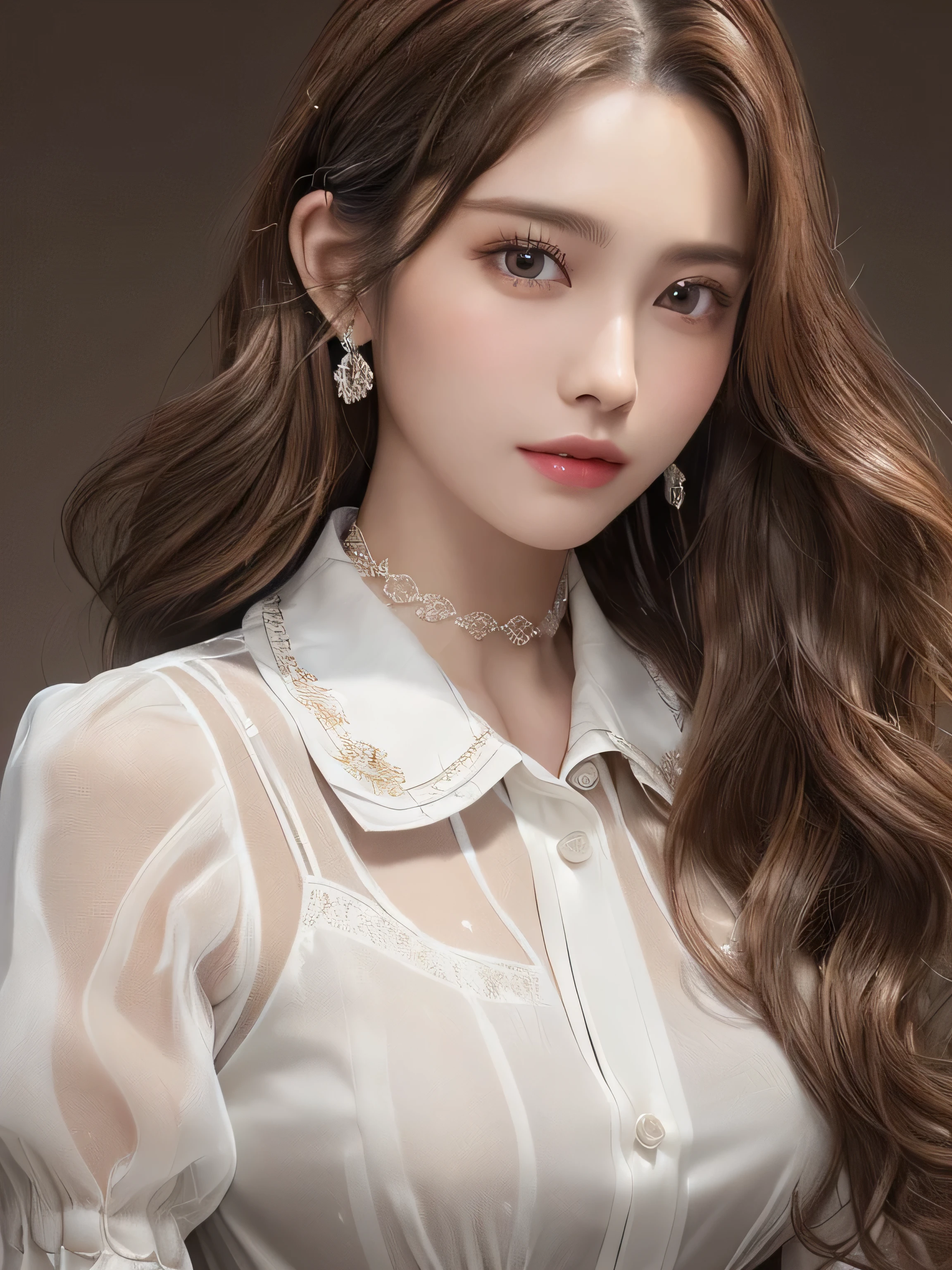((highest quality)),(超A high resolution),(Very detailed),(Detailed Description),((The best CG)),(masterpiece),super precision art, ((Loosely inward wavy hair:1.2)),((Extra long brown hair:1.2))、((wearing a white see-through dress shirt with an open collar:1.3))、