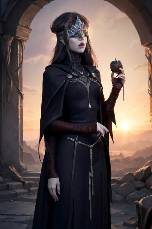 Tall woman, Black hair, Fantasy, RPG, Elf, black torn dress, broken chains on wrist, Crown of thorns, Thorns on eyes, Long hair, crown on eyes, blindfolded, thorns blindfold
