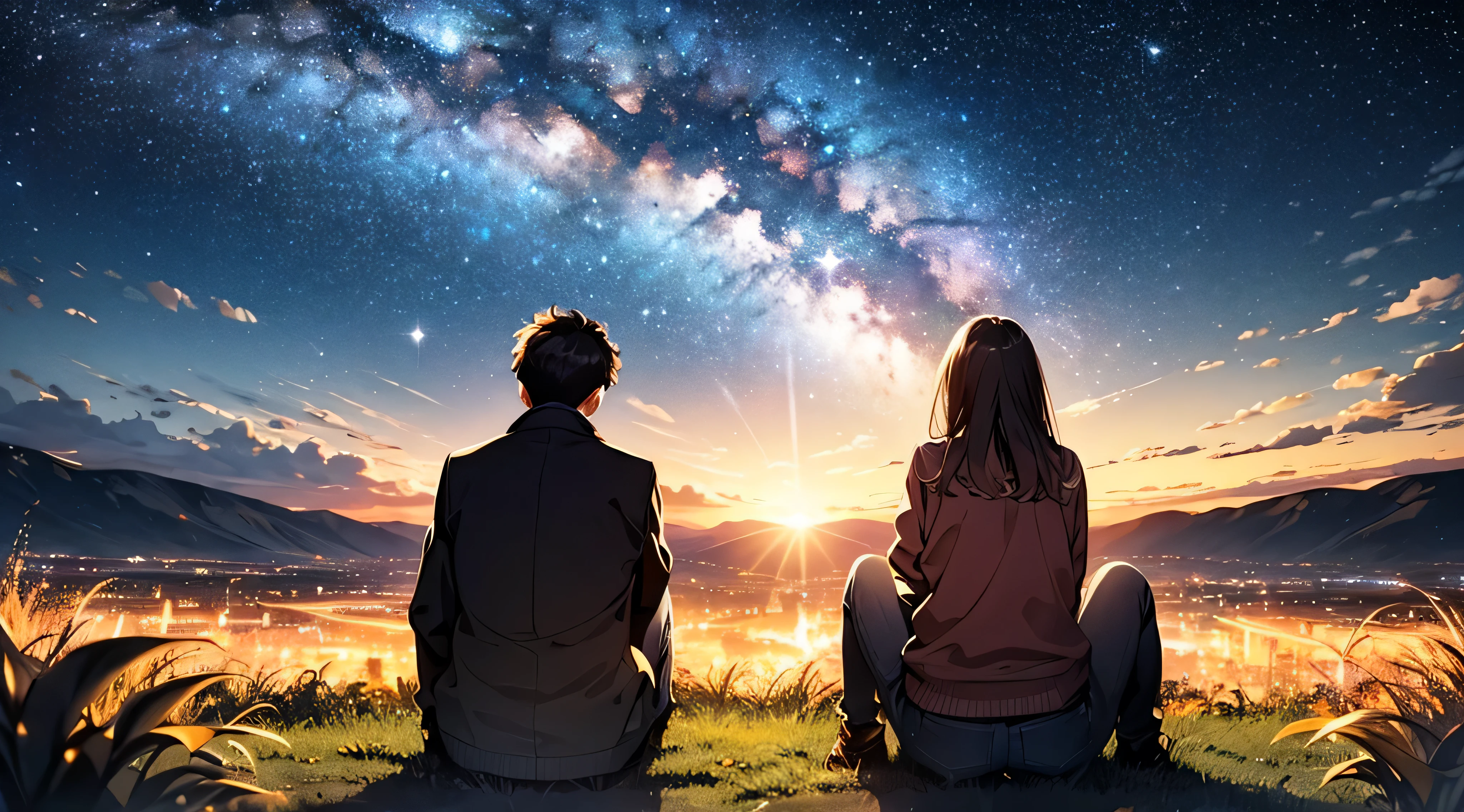 milky way, Night Sky, starry skies, Rear view of a boy and a girl, Sitting, grassland, Night view, Night cityscape, cloud,