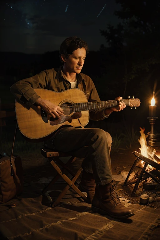 a Photorealistic wide shot of folk singer Woody Guthrie sitting beside a campfire wearing an old pair of brown boots and playing his guitar and singing under a starry night sky