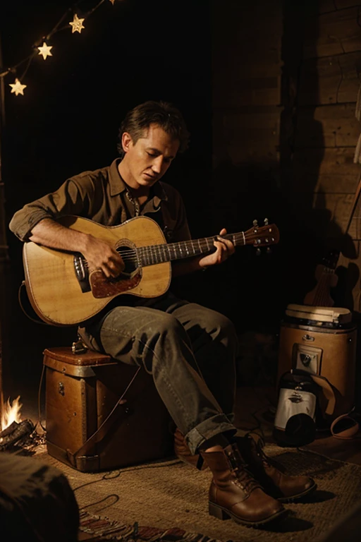 a Photorealistic wide shot of folk singer Woody Guthrie sitting beside a campfire wearing an old pair of brown boots and playing his guitar and singing under a starry night sky