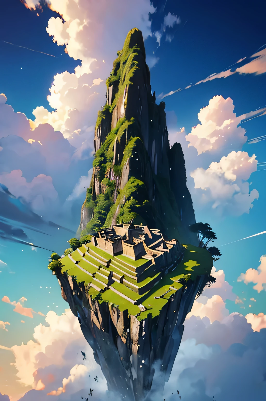 Machu Picchu, forest, 8k, unreal engine 5, ultra sharp focus, award winning photograph, city pop animation, Floating Islands in the sky, An unexplored region, dotted with islands floating in the air, Floating Machu Picchu in the air
