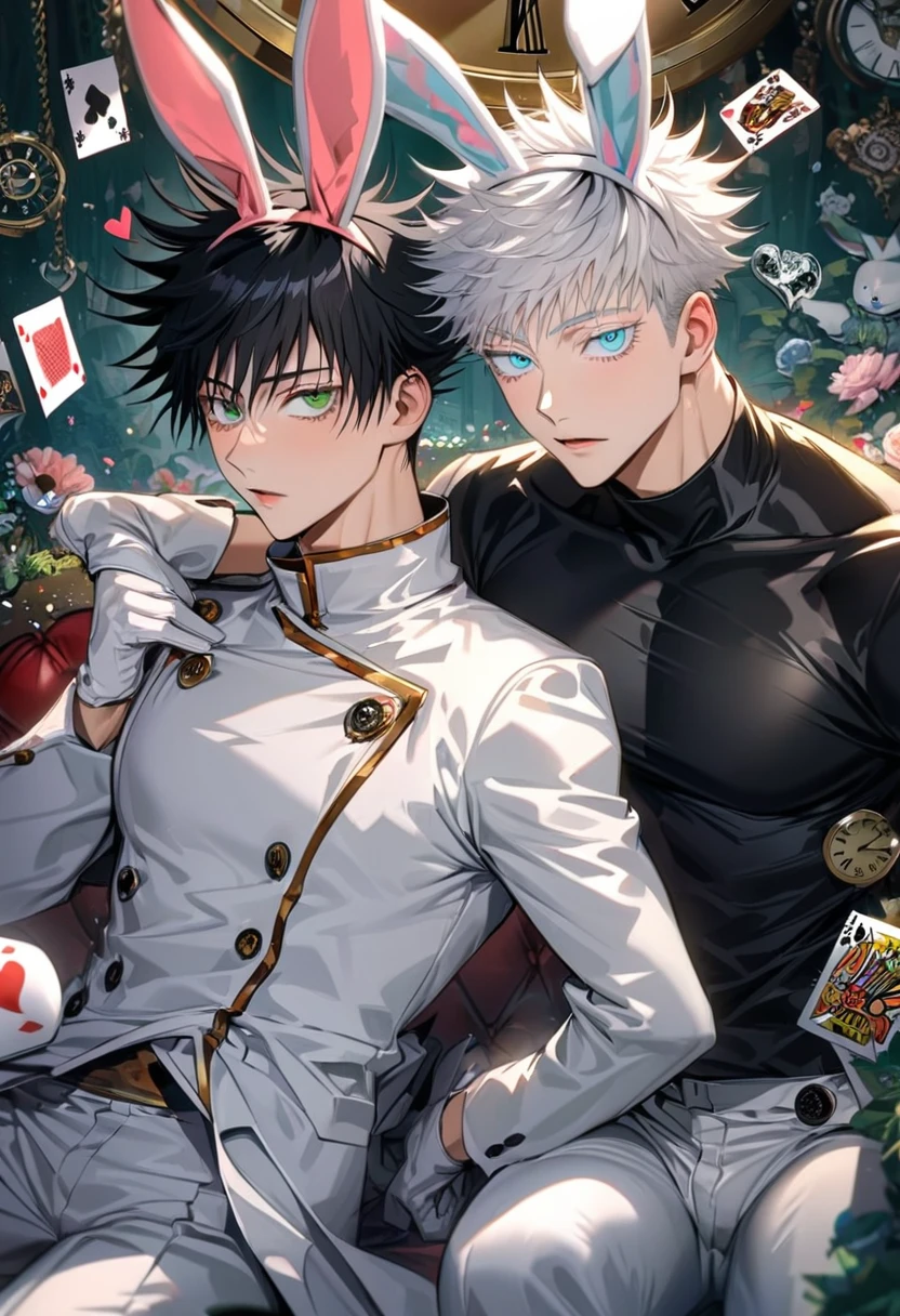 Ultra detailed, highres, absurdres, HDR, Fushiguro Megumi, green eyes, black hair, Gojou Satoru, white hair with bangs, blue eyes, white eyelashes, Jujutsu Kaisen, clock, white gloves, bunny ears, in Wonderland, 2 sexy men together, gay couple, love, handsome, very detailed face and eyes, white long coat, tone chest, heart cards, black tight shirt with patterns, white pants