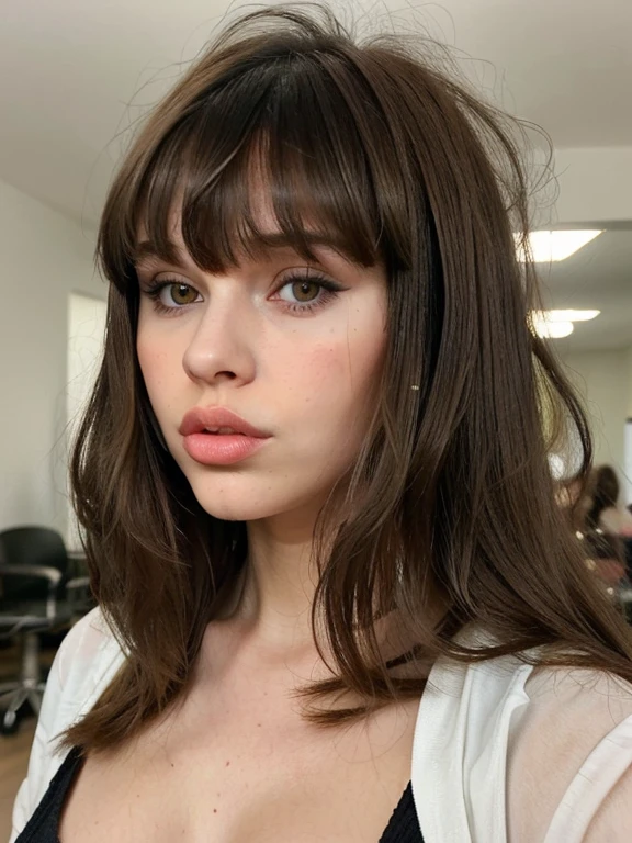 Big lips, hair bangs, brunette