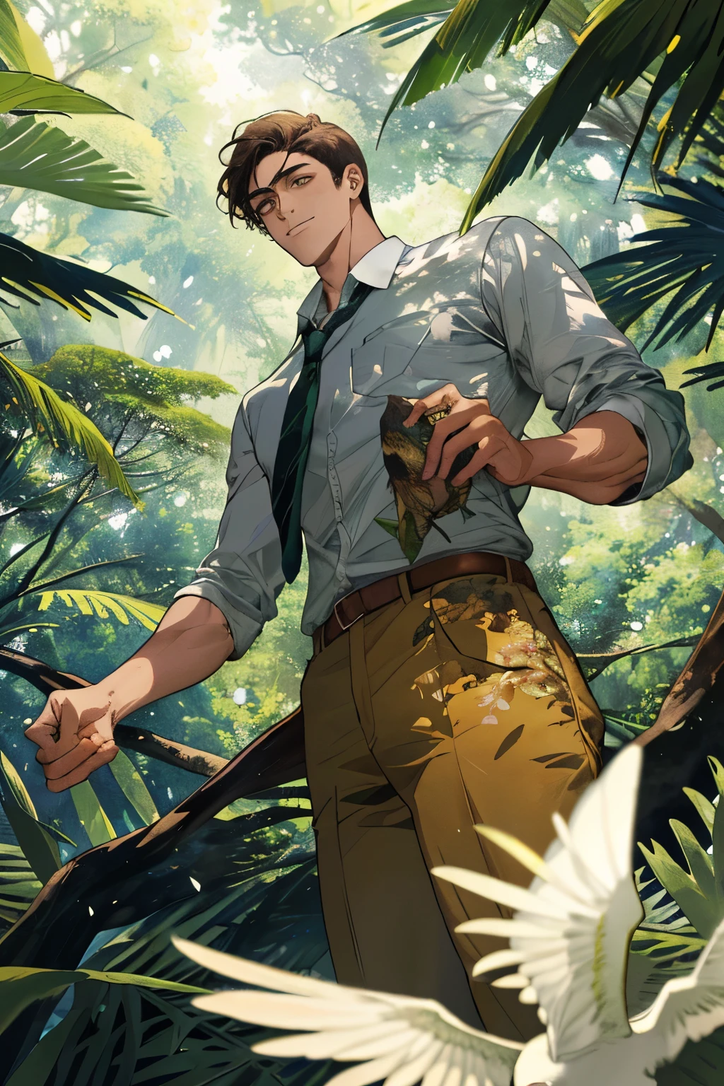 Um jovem macho musculoso sozinho na floresta, six heads tall. The detailed background depicts a bird, flowers and trees. The man is captured in a depth of field photo, making this masterpiece a creation of the finest quality.