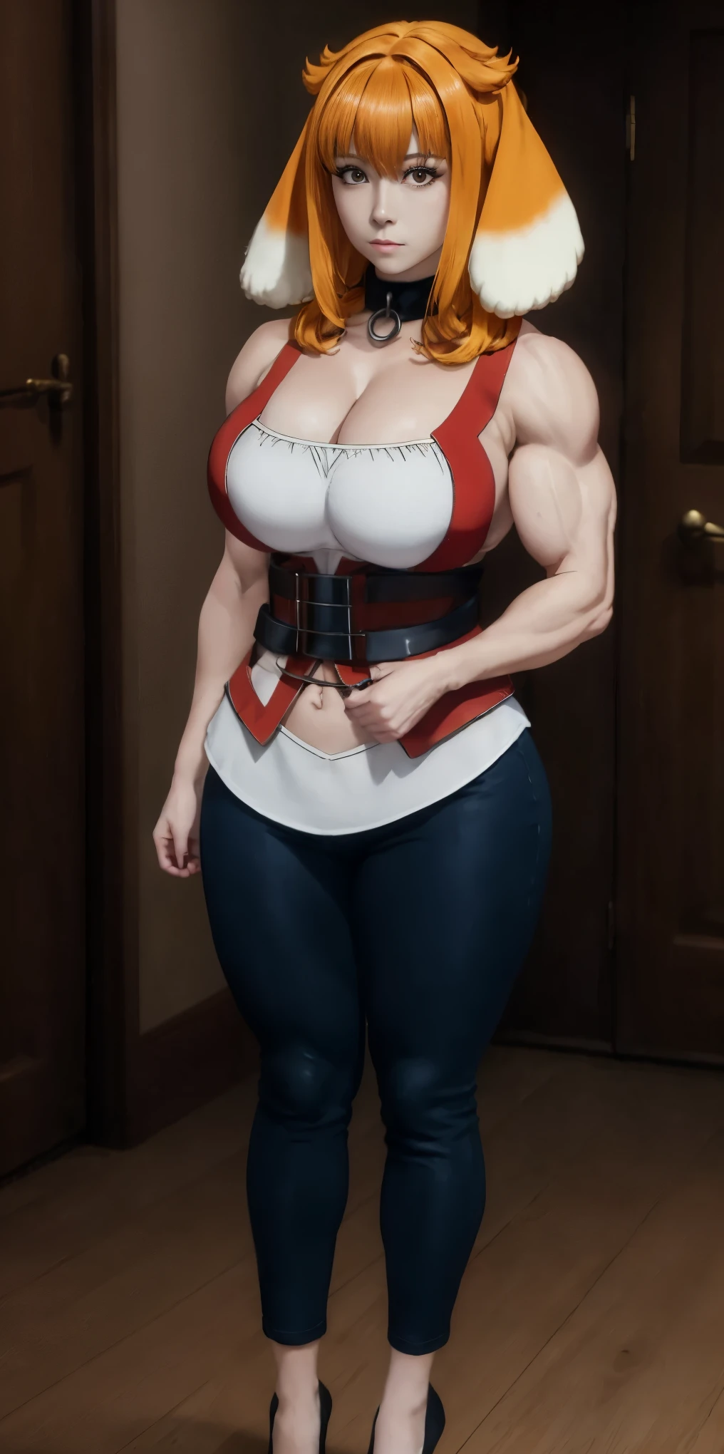 Masterpiece, burly woman, exaggerated large muscles, skinny pants, high-heels, standing on your feet, beautiful attractive face, full body like, single female, very fair skin, thin waist, very broad shoulders, strong and powerful arms, stout arms, strong and powerful leg muscles, looking to the camera, dog ears, fluffy dog ears