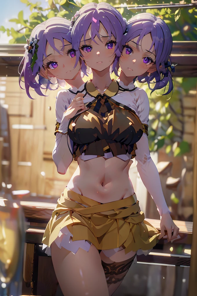 (masterpiece, best quality), best quality, (ultra-detailed), (3heads:1.5), 1girl, (tsukumo benben:1.3), masterpiece, best quality, ultra quality, ultra resolution, ultra detail, brown and black top, crop top, ((stomach)), midriff, ((groin)), brown skirt, normal ears, shackles, lilac hair, very long hair, wavy hair, sidelocks, purple eyes, parted lips, detailed eyes, sweat, cute, toned belly, hand on own chest, eyelashes, (24 year old woman:1.3), (masterpiece:1.5), (best quality:1.5), (beautiful detailed), extremely detailed CG, extremely delicate and beautiful, depth of field, (finely detailed face), (perfect details:1.2), (mature female:1.3), wide pelvis, slender, large veiny breast, 16k resolution, highres, very high quality, very high definition, extremely detailed, masterpiece, lilac hair, long hair, alluring presence, braid, short skirt, close up, big tits, young, two long ponytails,