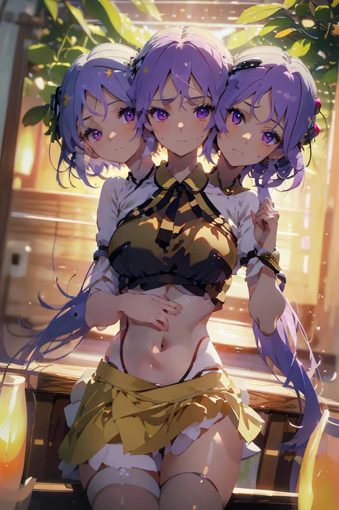(masterpiece, best quality), best quality, (ultra-detailed), (3heads:1.5), 1girl, (tsukumo benben:1.3), masterpiece, best quality, ultra quality, ultra resolution, ultra detail, brown and black top, crop top, ((stomach)), midriff, ((groin)), brown skirt, normal ears, shackles, lilac hair, very long hair, wavy hair, sidelocks, purple eyes, parted lips, detailed eyes, sweat, cute, toned belly, hand on own chest, eyelashes, (24 year old woman:1.3), (masterpiece:1.5), (best quality:1.5), (beautiful detailed), extremely detailed CG, extremely delicate and beautiful, depth of field, (finely detailed face), (perfect details:1.2), (mature female:1.3), wide pelvis, slender, large veiny breast, 16k resolution, highres, very high quality, very high definition, extremely detailed, masterpiece, lilac hair, long hair, alluring presence, braid, short skirt, close up, big tits, young, two long ponytails,