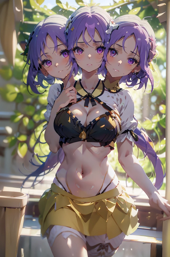 (masterpiece, best quality), best quality, (ultra-detailed), (3heads:1.5), 1girl, (tsukumo benben:1.3), masterpiece, best quality, ultra quality, ultra resolution, ultra detail, brown and black top, crop top, ((stomach)), midriff, ((groin)), brown skirt, normal ears, shackles, lilac hair, very long hair, wavy hair, sidelocks, purple eyes, parted lips, detailed eyes, sweat, cute, toned belly, hand on own chest, eyelashes, (24 year old woman:1.3), (masterpiece:1.5), (best quality:1.5), (beautiful detailed), extremely detailed CG, extremely delicate and beautiful, depth of field, (finely detailed face), (perfect details:1.2), (mature female:1.3), wide pelvis, slender, large veiny breast, 16k resolution, highres, very high quality, very high definition, extremely detailed, masterpiece, lilac hair, long hair, alluring presence, braid, short skirt, close up, big tits, young, two long ponytails,