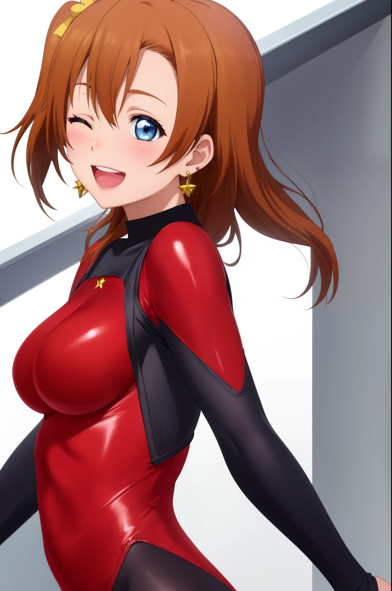 masterpiece, best quality,8k wallpaper, slightly from side,blue eyes, upper body,kousaka honoka, breasts , (plain red bodysuit), white background, solo, earrings , blushing  , smile,:D, one eye closed