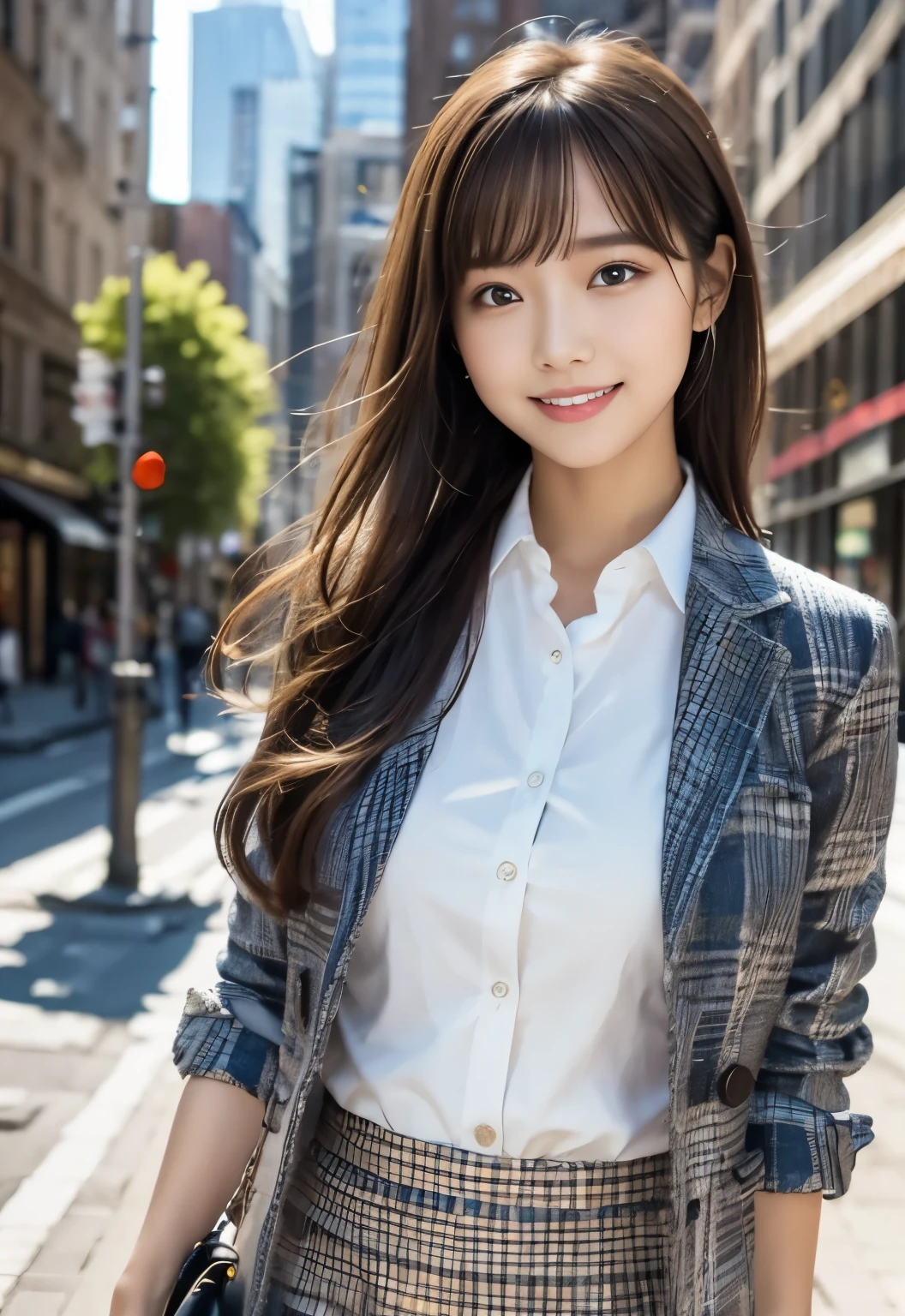 (masterpiece, best quality:1.1), (8k, raw photo, photo realistic:1.2, f22), (shiny skin), detailed skin,long hair,detailed face, detailed eyes, smile,BREAK, real world, intricate details, smil, BREAK, 1girl, (check pattern,skirt), BREAK, (city:1.4), BREAK