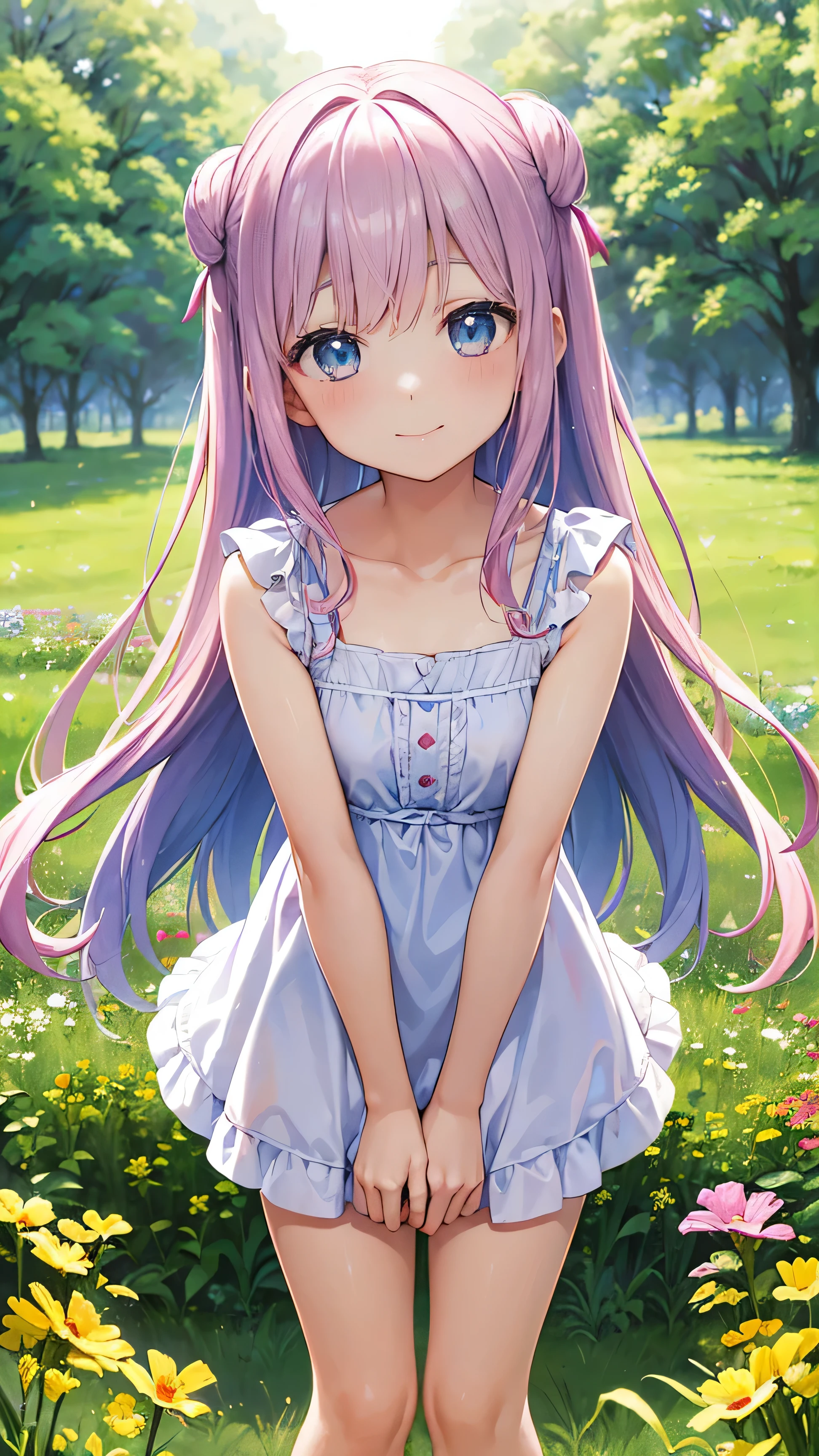 Two pure and innocent girls,、2 people(Pink-haired person、1 Name Light Blue Hair)、Cute face、Beautiful Eyes、Natural Beauty、Warm sunshine、Wildflowers swaying in the wind々Surrounded by、Enjoying time in the fields。Butterflies and birds fly around her、Creates a playful atmosphere、fun、smile、