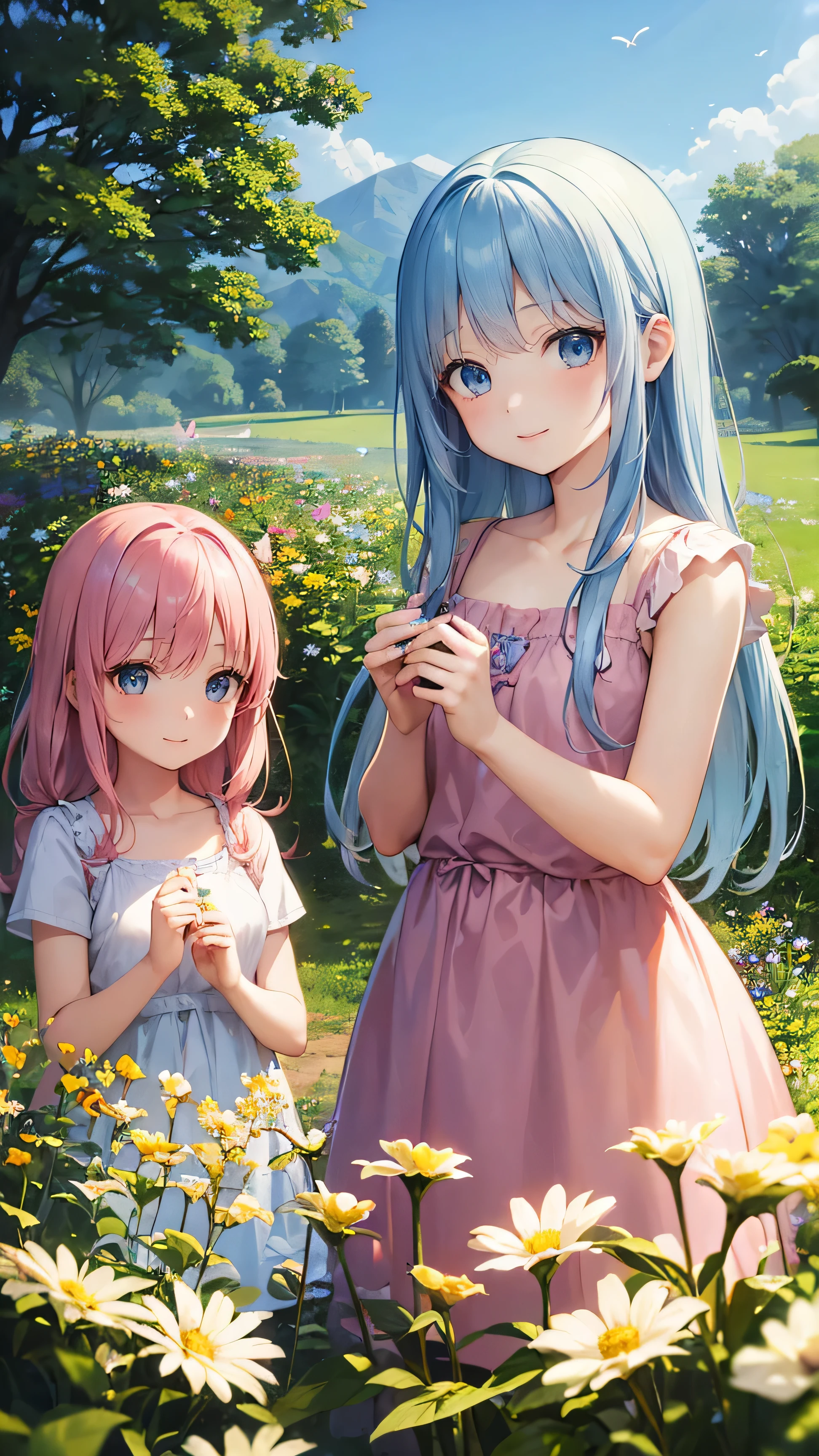 Two pure and innocent girls、child、2 people(1 person with pink hair、1 name light blue hair)、cute face、beautiful eyes、beauty of nature、warm sunshine pouring down、wild flowers swaying in the breeze々Surrounded by、enjoying time in the fields。Butterflies and birds fly around her、Adds a playful atmosphere。