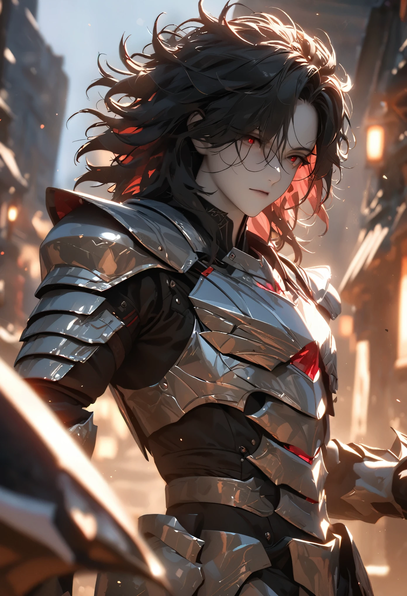 (solo), black hair, messy hair, mane hair, medium hair, dense hair, wild hair, expressive hair, mature,(25 year old), pale skin, red eyes, ((man)), handsome guy, wearing a silver armor, armored arms, armored legs, claws,, beautiful, attractive, eye reflection, depth of field, thunder aura,cinematic lighting, ray tracing, depth of field, cinematic lighting, ray tracing, UHD, high details, best quality, highres, high quality, award winning, super detail, masterpiece, 8k, UHD, high details, best quality, highres, high quality, award winning, super detail, masterpiece, 8k, digital art, anime coloring, body shot, good face, perfect face, detailed face, good eyes
