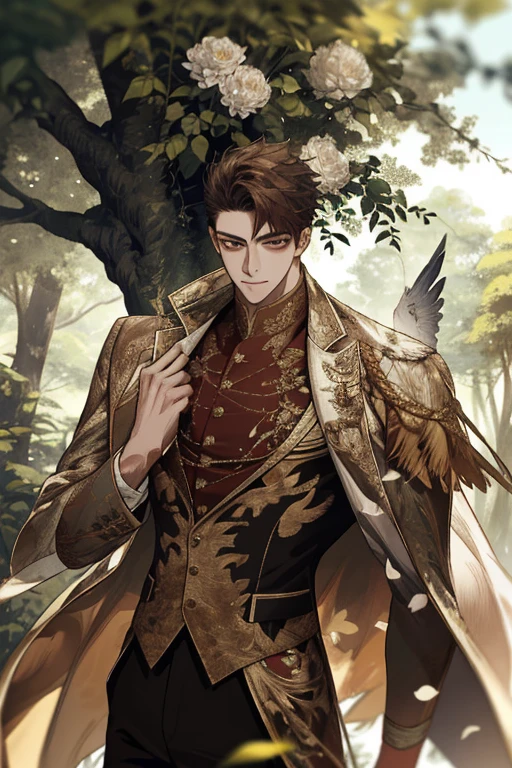A young muscular male standing solo on the forest, six heads tall. The detailed background depicts bird, flowers and trees. The man is captured in a depth of field shot, making this masterpiece a best quality creation.
