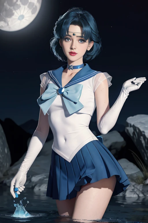 1 woman, laugh, delicate facial features, chest, Gloves, Lips, alone, sailor mercury, blue eyes, uniform, See more1, 선원 센시 uniform, (RAW photos, best quality), masterpiece, does not make sense, sexy, floating short blue hair, blue sailor collar, curtsey, (over the knee boots: 1.1), choker, white Gloves, Blue choker, elcurtsey Gloves, bijouterie, earring, Blue skirt, Outsole, whole body, blue hair, (Perfect hand-drawn): 3.8, octane rendering, The god of water, (water drop), wet clothes, (Beautiful detailed water), (floating), dynamic angle, There is a huge moon in the background