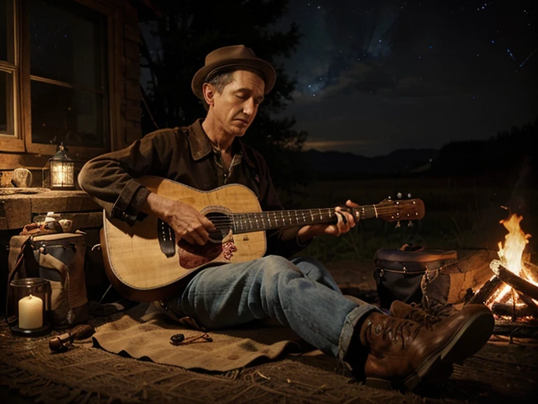 a Photorealistic wide shot of folk singer Woody Guthrie sitting beside a campfire wearing an old pair of brown boots and playing his guitar and singing under a starry night sky
