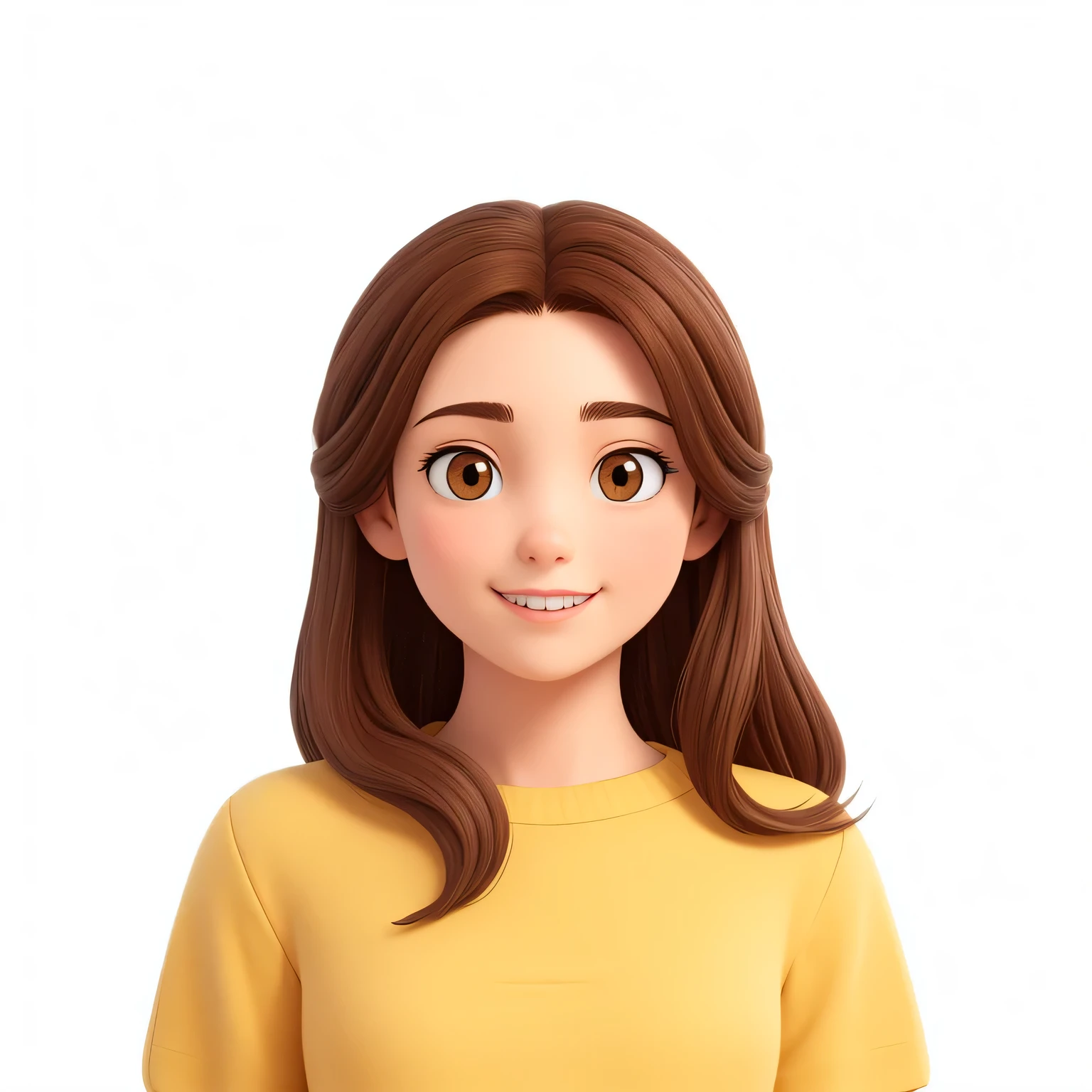 An 18-year-old female, With long brown hair, Round Face, Charming smile, and black eyes,