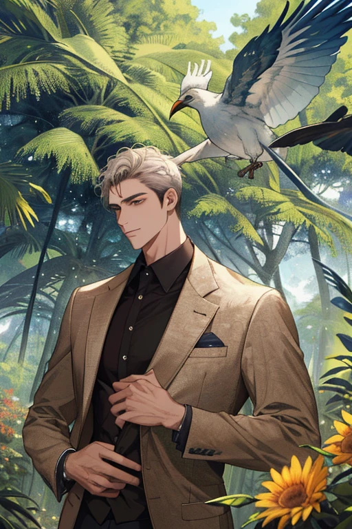 Um jovem macho musculoso sozinho na floresta, six heads tall. The detailed background depicts a bird, flowers and trees. The man is captured in a depth of field photo, making this masterpiece a creation of the finest quality.