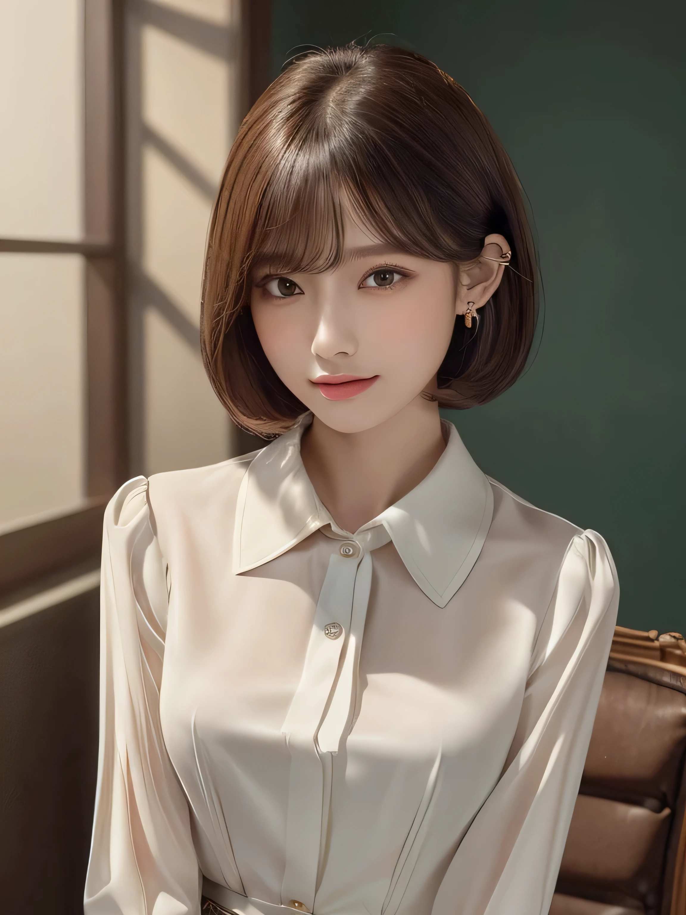 A woman with a short hair wearing a white shirt and black pants - SeaArt AI