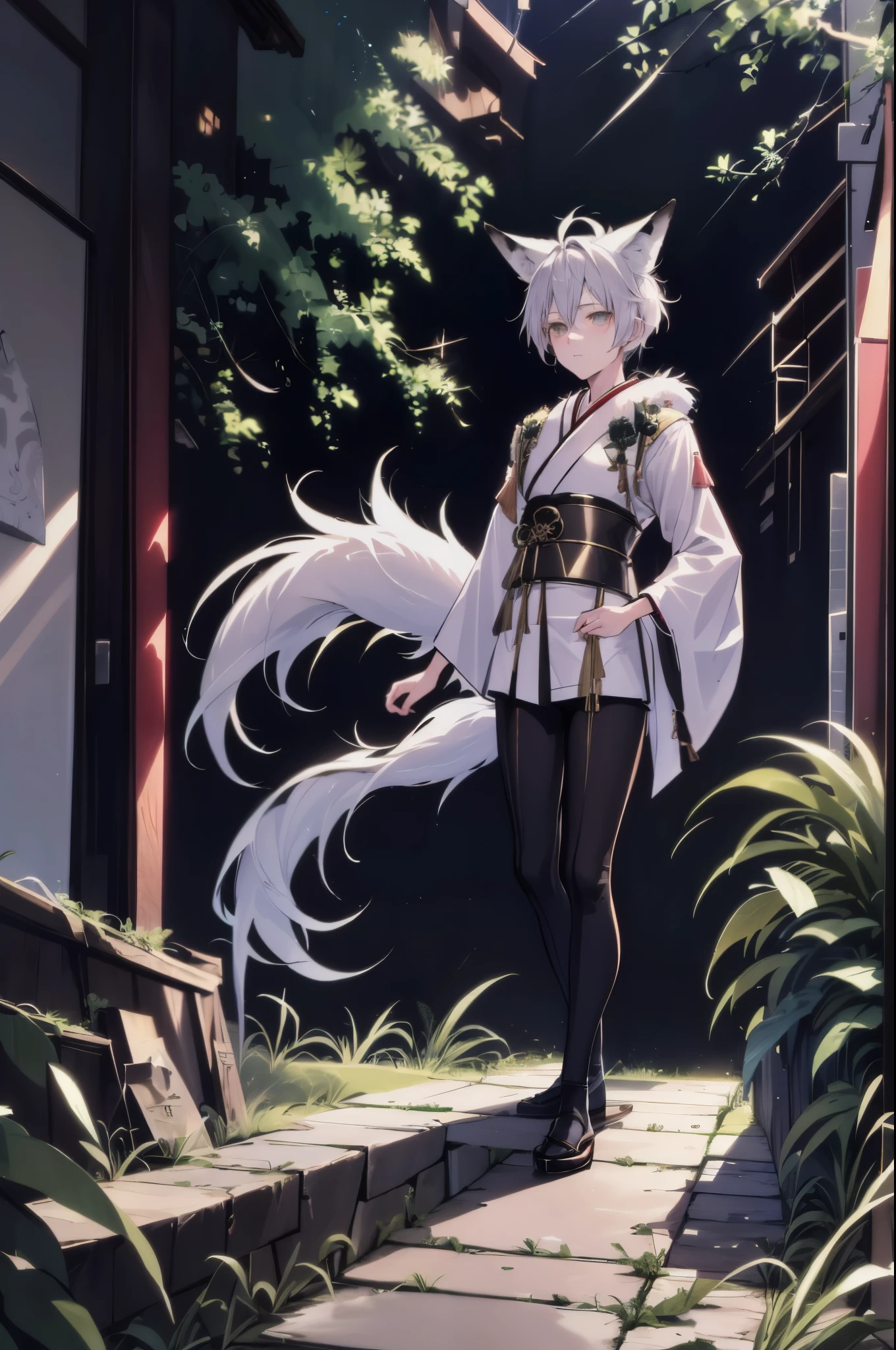 full body,toe,One boy, Short white hair, Turquoise eyes, Fox Ears, Three fox tails, White fur, Wearing Japan traditional clothes, forest, Absurd, High resolution, Super sharp, 8k, masterpiece, View your viewers