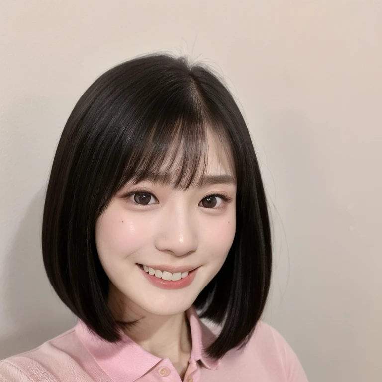 (kawaii 24year-old Japanese girl, Nogizaka idol, Korean idol), (glossy black hair, medium bob cut:1.3), (rounded face, black eyes, single eyelid, no makeup, big laughing:1.2), (wearing light pink polo shirt:1.3), (flat chest, extra small breasts:0.8), (looking at viewer:1.2), BREAK, (simple white background:1.3), (view from below, portrait, close shot:1.3), BREAK, (masterpiece, best quality, photo realistic, official art:1.4), (UHD, 8K quality wallpaper, high resolution, raw photo, golden ratio:1.2), (shiny skin), professional lighting, physically based rendering, award winning, (perfect anatomy, highly detailed skin, extremely detailed face and eyes), Carl Zeiss 85 mm F/1.4, depth of field, 1girl, solo,