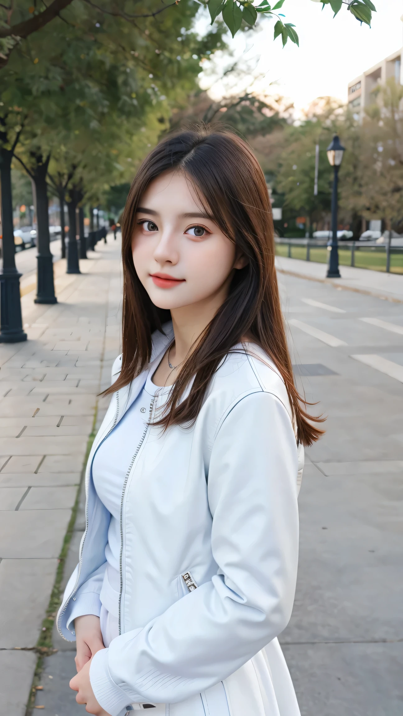 Gorgeus Girl, Beautiful, Baby Face, 20 Years Old, White Skin, Sexy Pose, White Loose Halfway Dress, Blue Eye, Muscles, Bokeh, park Background, Masterpiece, Fullbody Shot, Leather Jacket Long Sleeve Zipper